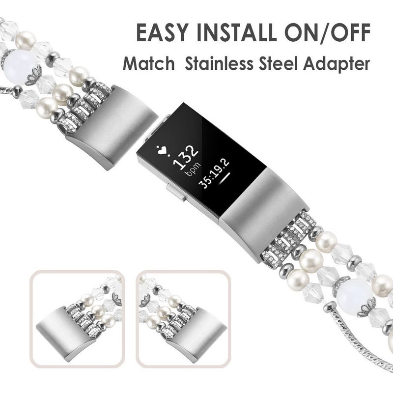 Simpeak 5.8-7.2 Fashion Band Compatible with Fitbit Charge 2 Smartwatch, Elastic Women Beaded Band Replacement for Fitbit Charge 2 Only, White - Image 3